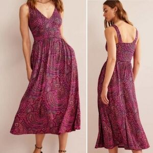 Boden Pink Paisley Floral Print Sleeveless V-neck Midi Dress Size 14 Stretch
